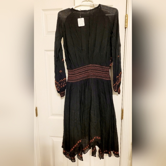Free People Black Embroidered Boho Midi Handkerchief Hem Peasant Dress, XS - Picture 4 of 5
